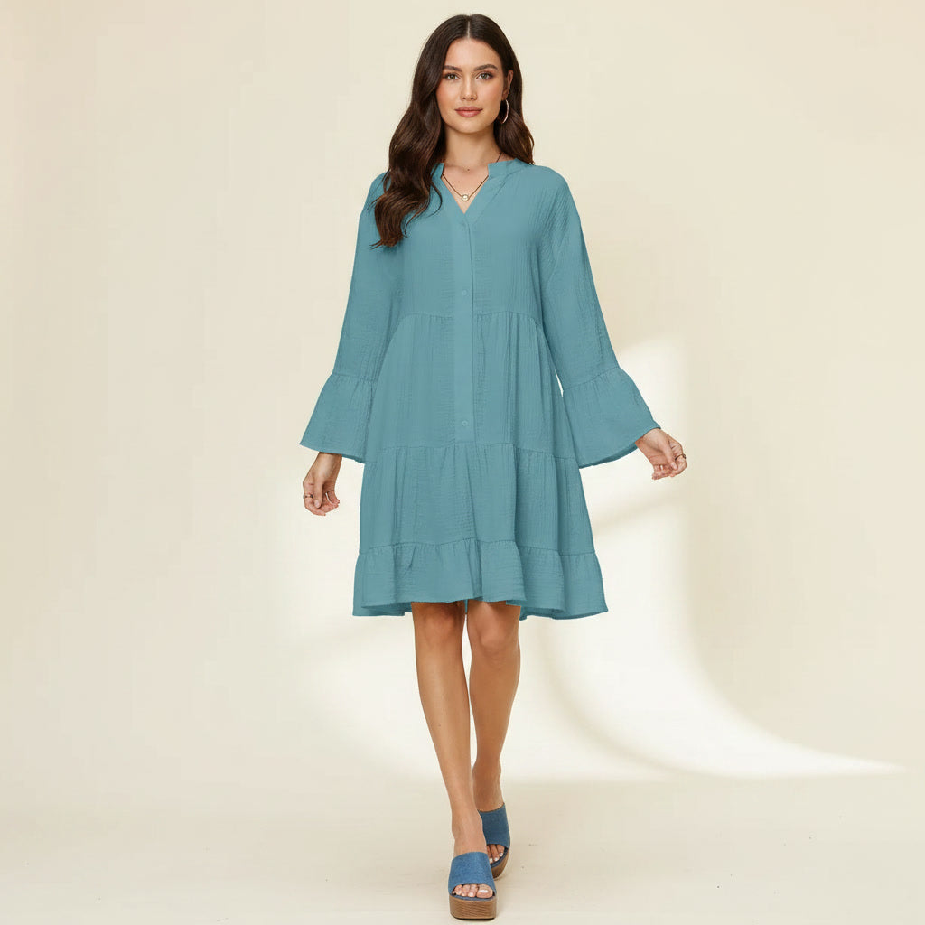 Double Take Full Size Texture Button Up Ruffle Hem Dress