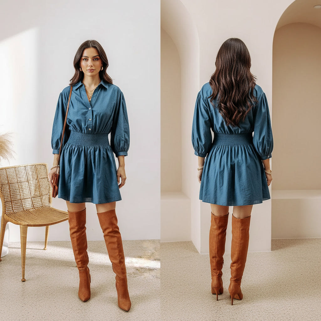 Smocked Half Button Three-Quarter Sleeve Mini Dress