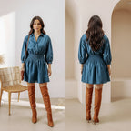 Smocked Half Button Three-Quarter Sleeve Mini Dress
