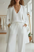V-Neck Top & Cardigan & Pants Three-Piece Set