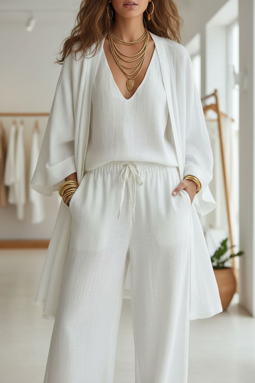 V-Neck Top & Cardigan & Pants Three-Piece Set