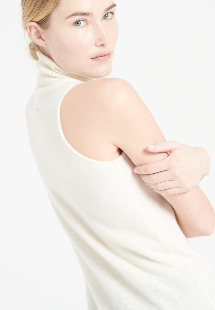 Pull col roulé sans manches femme en cachemire blanc écru - LILLY 13-3