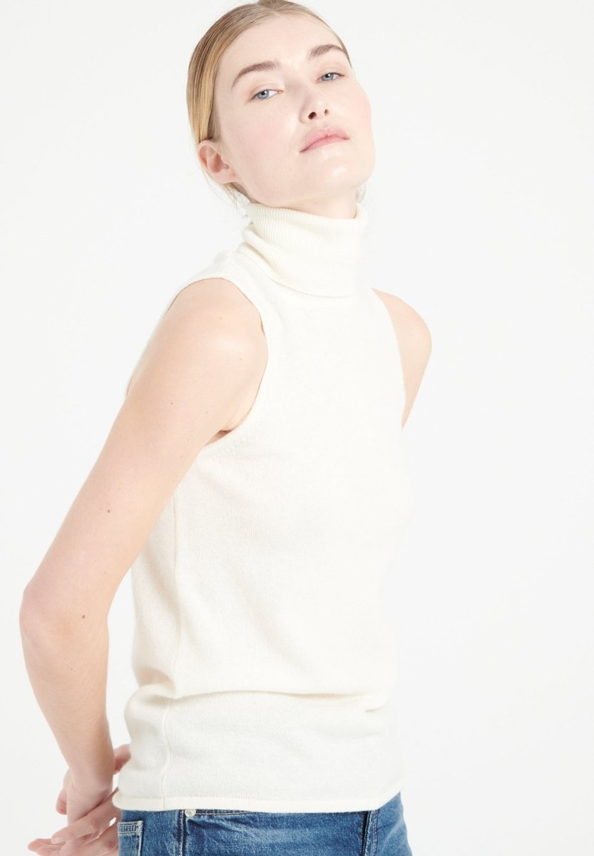 Pull col roulé sans manches femme en cachemire blanc écru - LILLY 13-2