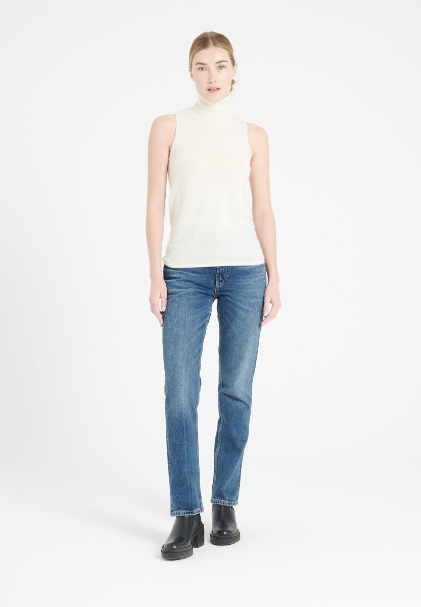 Pull col roulé sans manches femme en cachemire blanc écru - LILLY 13-1