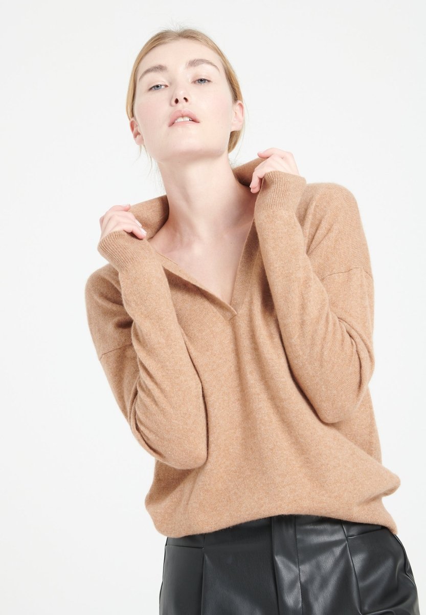 Polo manches longues femme en cachemire camel - MIA 3-4