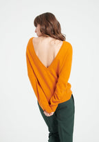 Pull décolleté V dans le dos femme en cachemire orange citrouille - MIA 7-0