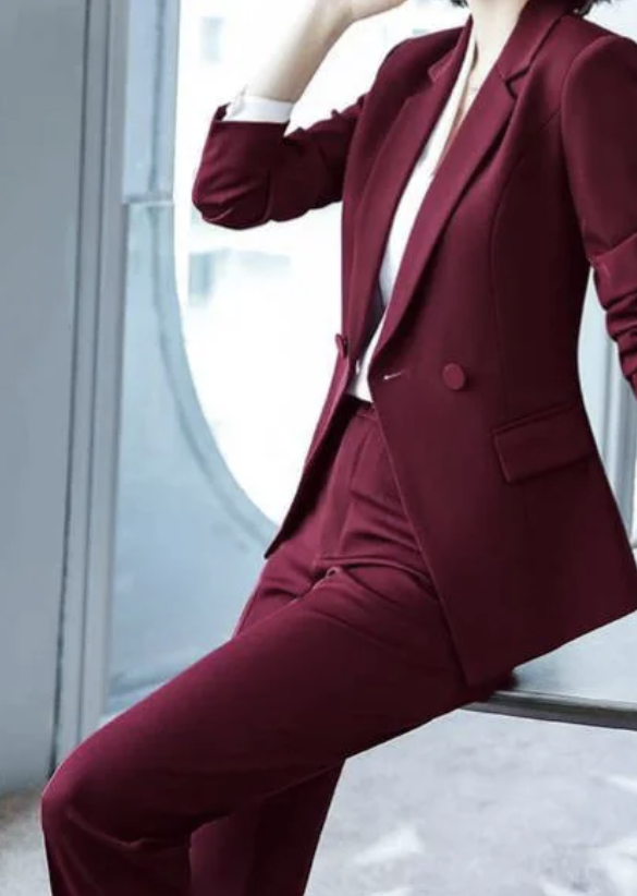 The burgundy 2-piece asymmetrical pantsuit (UK size 12)-1